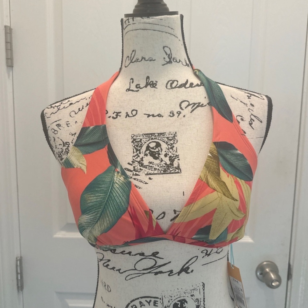 Kona Sol Tropical Halter Swim Top - Coral Palm Print